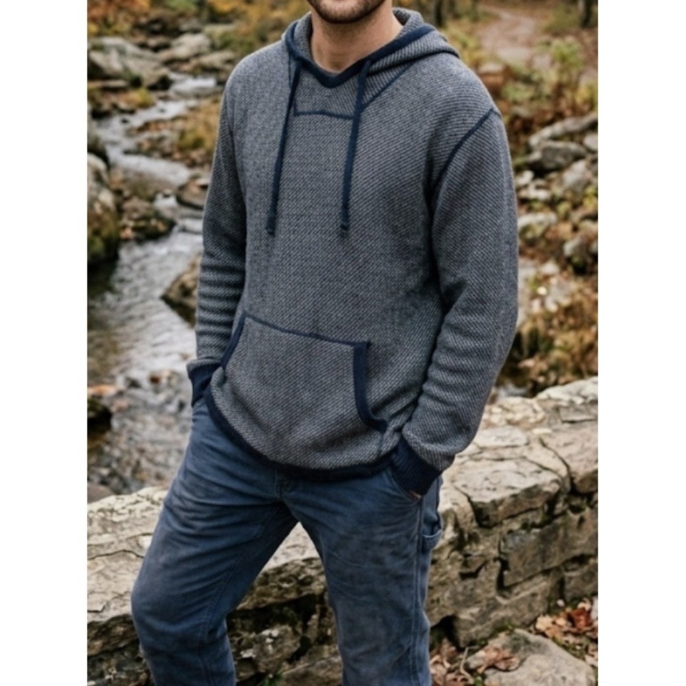 Woolrich Mens XL Merino Wool Blend Hooded Sweater Knit Hoodie Marled Blue Gray